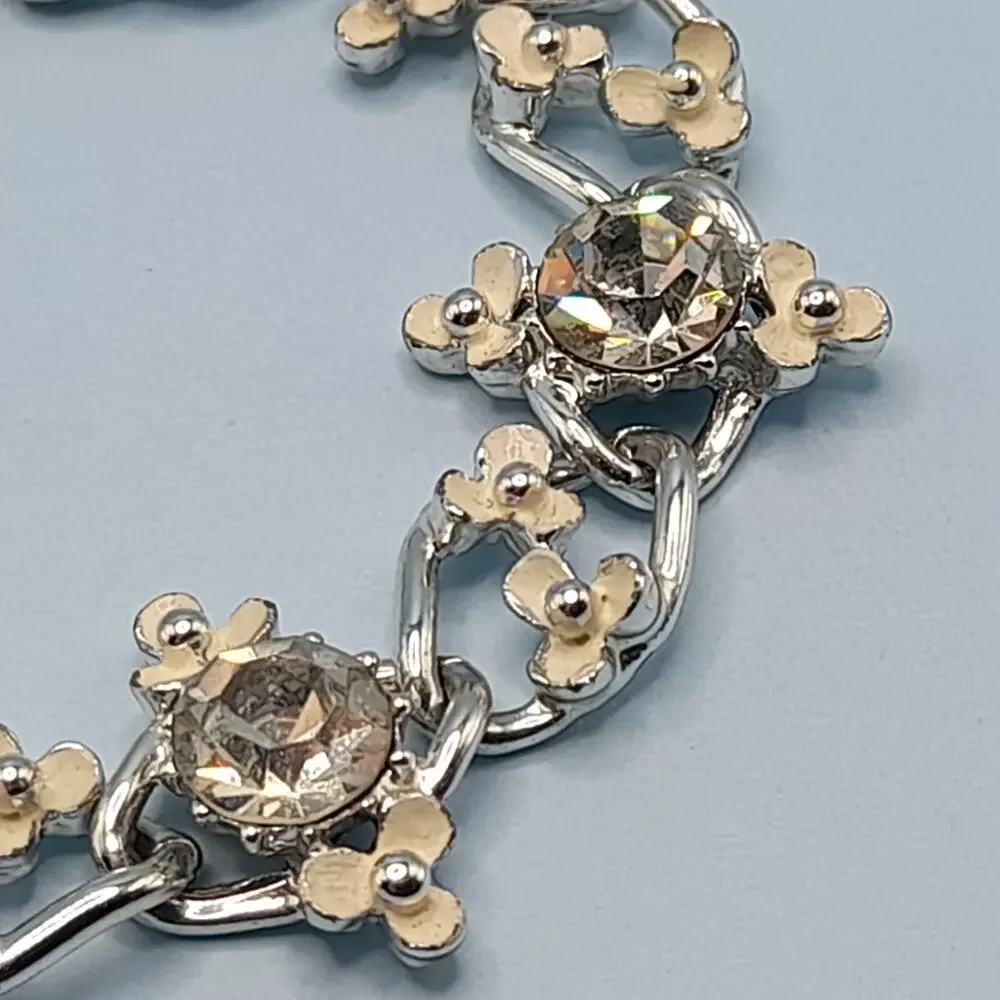 Vintage Creamy White Flower Bracelet, Clear Rhinestones, Mid-Century